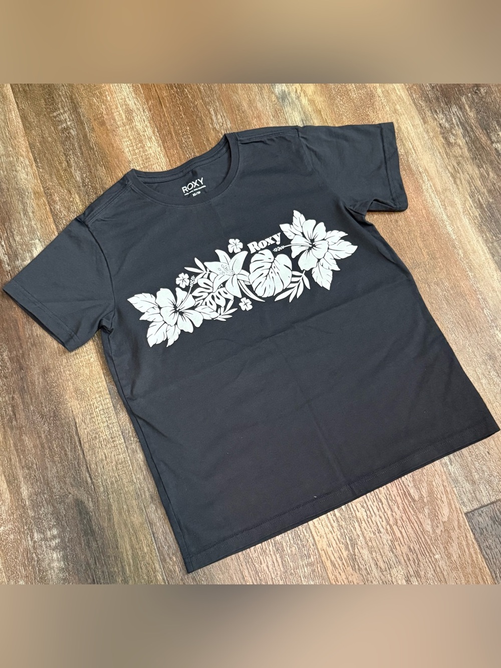 Roxy Black Tee with White Tropical Floral Print